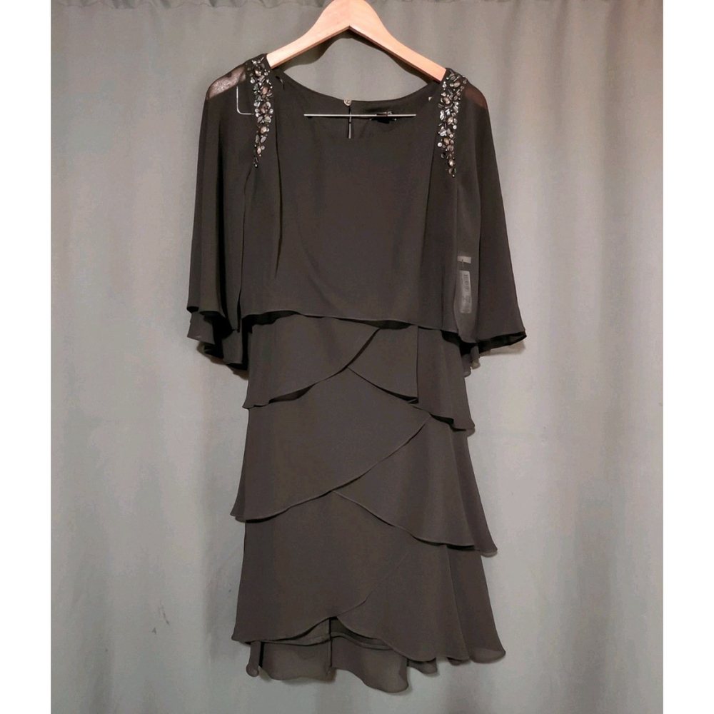 SLNY Tiered Dress Cocktail Boat Neck Black Chiffon Beaded Women Size 10
